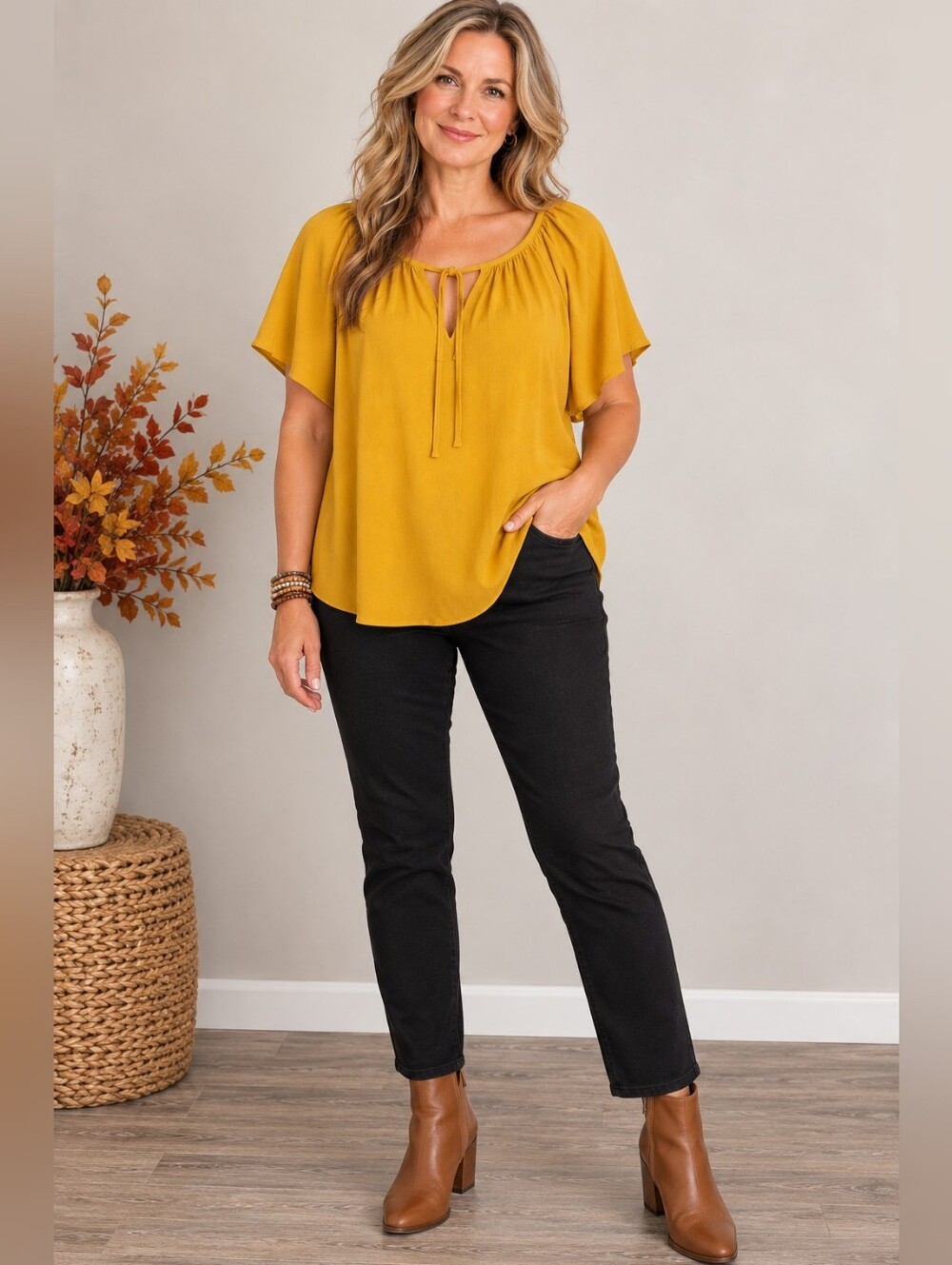 Maurices NWT Mustard Tie Neck Flutter Sleeve Peasant Blouse L A369